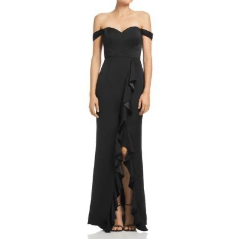 Bariano Edie Gown Size Medium Black Ruffle Front Off The Shoulders $298 NWT - Picture 8 of 8
